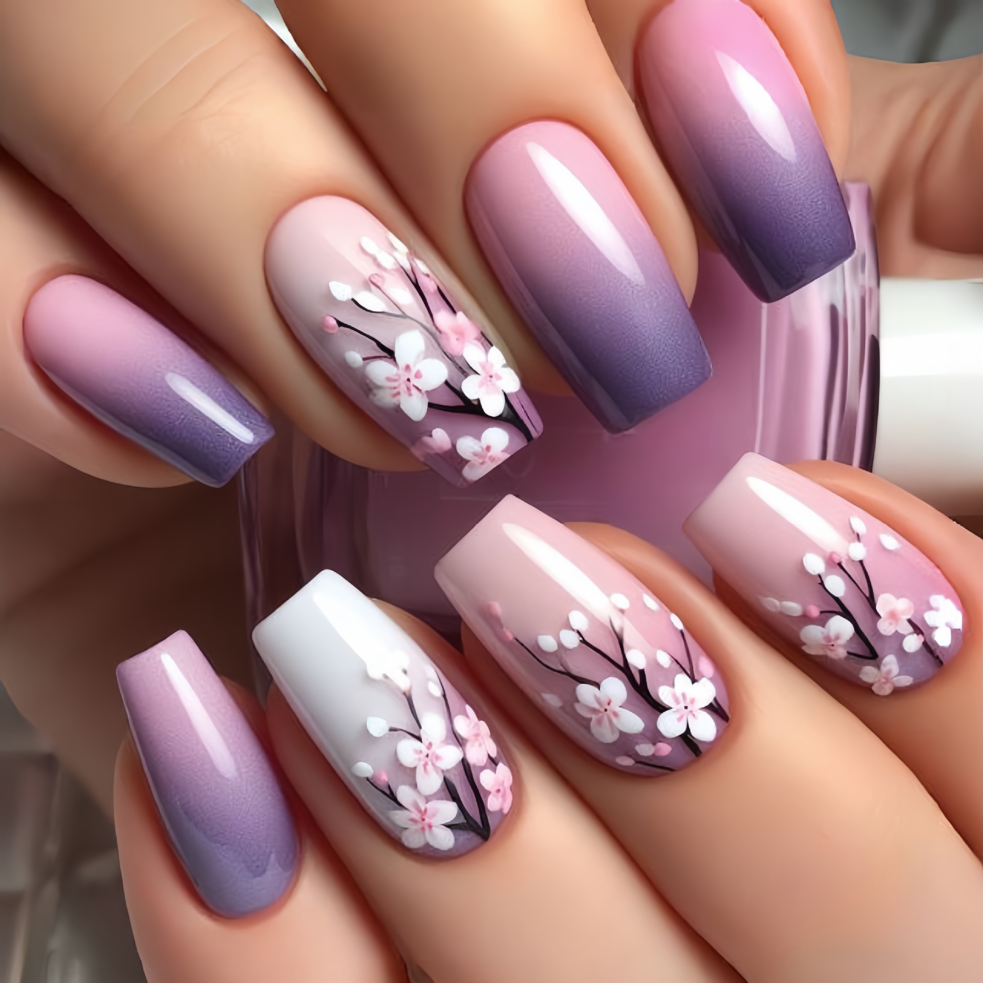 Nail Art Flower - 女性・女の子向けミディアムサイズのフェイクネイル、グラデーションパープルカラー、花柄デザイン、春夏用、バレエチップ、プレスオン式、つけ爪、ネイルアート