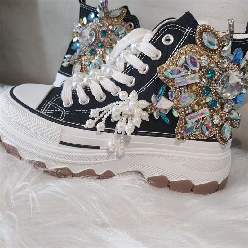 Rhinestone Nail Gem - 女性用キャンバスシューズ,厚手のソール,ハイトップ,裸のビーズ,フリンジ付きラインストーン,宝石,手作り,黒のレースアップ,カジュアルスニーカー,35〜40