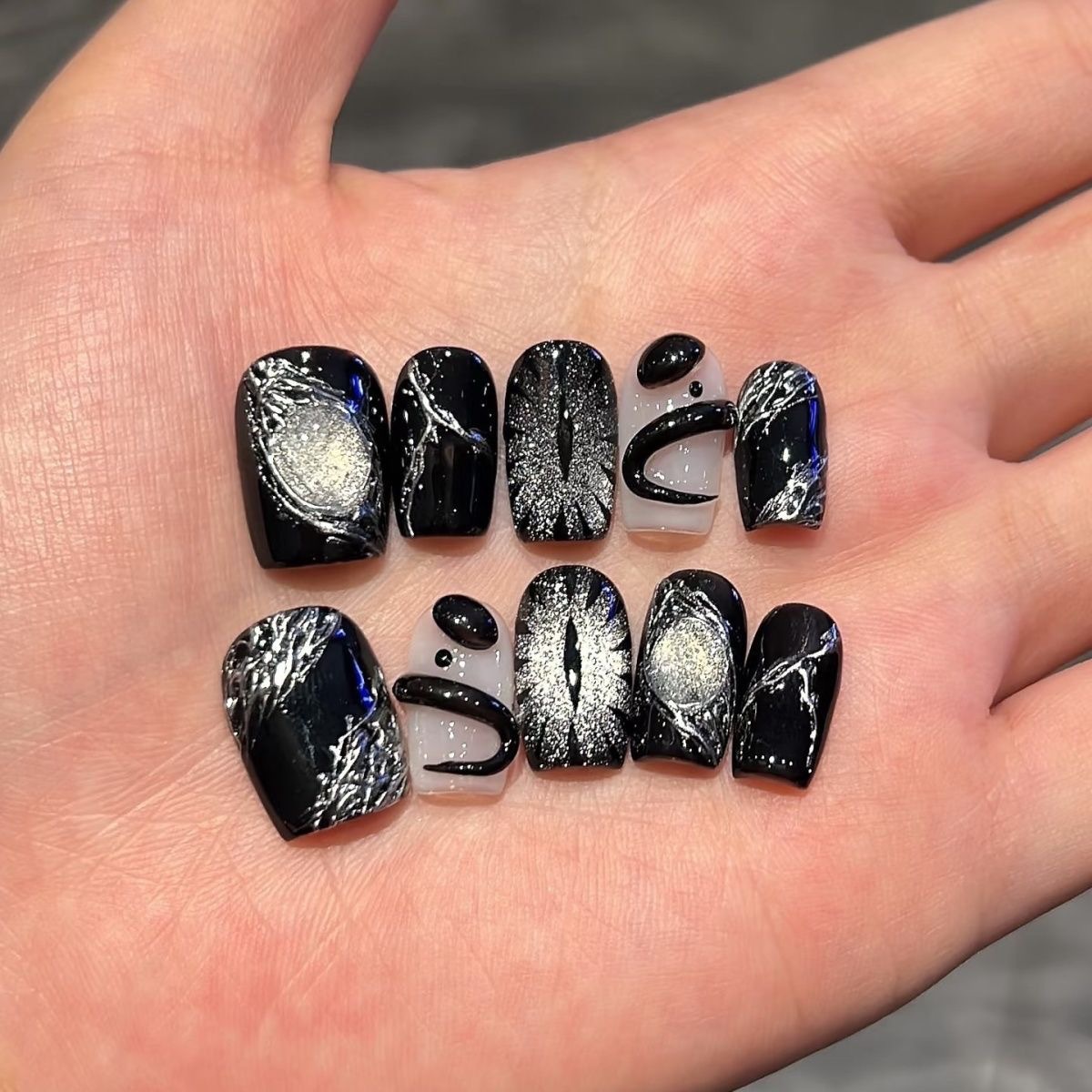 Nail Art Pink - 10 個黒かわいい猫手作りプレス爪クリスタルキャットアイ付け爪グリッター光沢のある偽爪ショートスクエアアクリルネイルアート