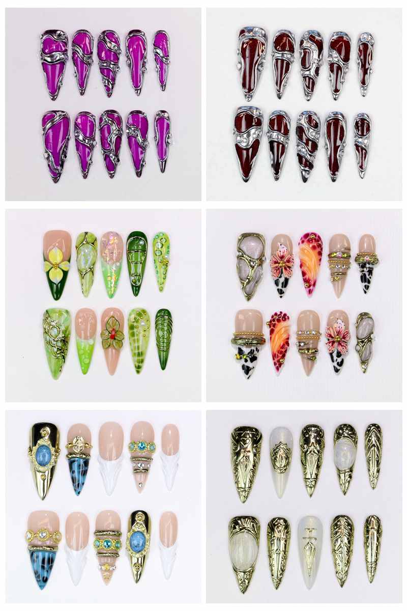 Nail Art Flower - 10枚入りロングスティレットつけ爪 グロッシーな手描きの紫の花柄デザイン 結婚式イベント用 カスタムネイルアート