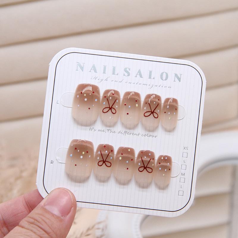 Nail Art Pink - 10 ピース/セットブラッシュピンクグラデーション手作りショート偽爪弓デザインネイルアートシンプルなファッションプレス偽爪女性 & ガール