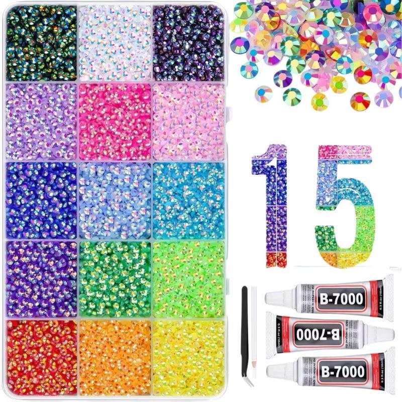 Rhinestone Nail Gem - 15色のレジンラインストーン装飾キット、ジェリーラインストーンキット、衣類、ネイル、ブックDIY用フラットバックジェム装飾用