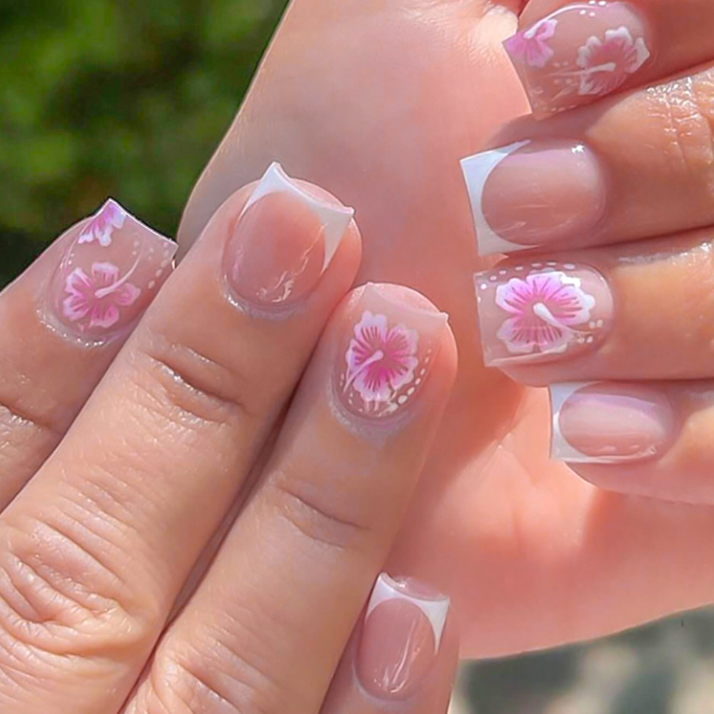 Nail Art Flower - 24 個フレンチフラワー付け爪ピンクハイビスカスデザインフルカバープレスオンネイルウェアラブル人工偽指先女性 & グリル用