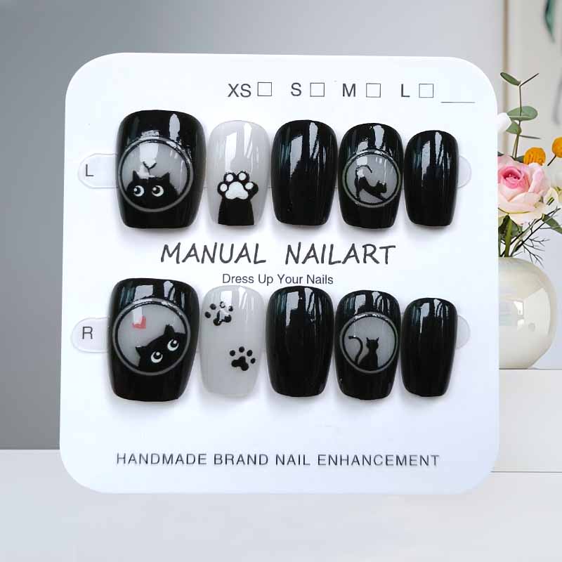 Nail Art Pink - 10枚入り 可愛い漫画 黒猫とピンクの蝶結び ハンドメイド つけ爪 スクエアヘッド