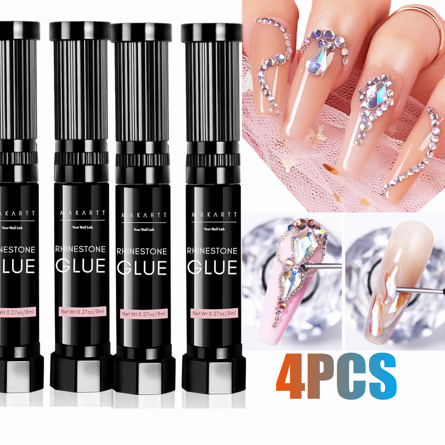 Rhinestone Nail Gem - 4個入り マカート ネイルラインストーン接着剤 8ml 強力接着剤 ジェムグルー
