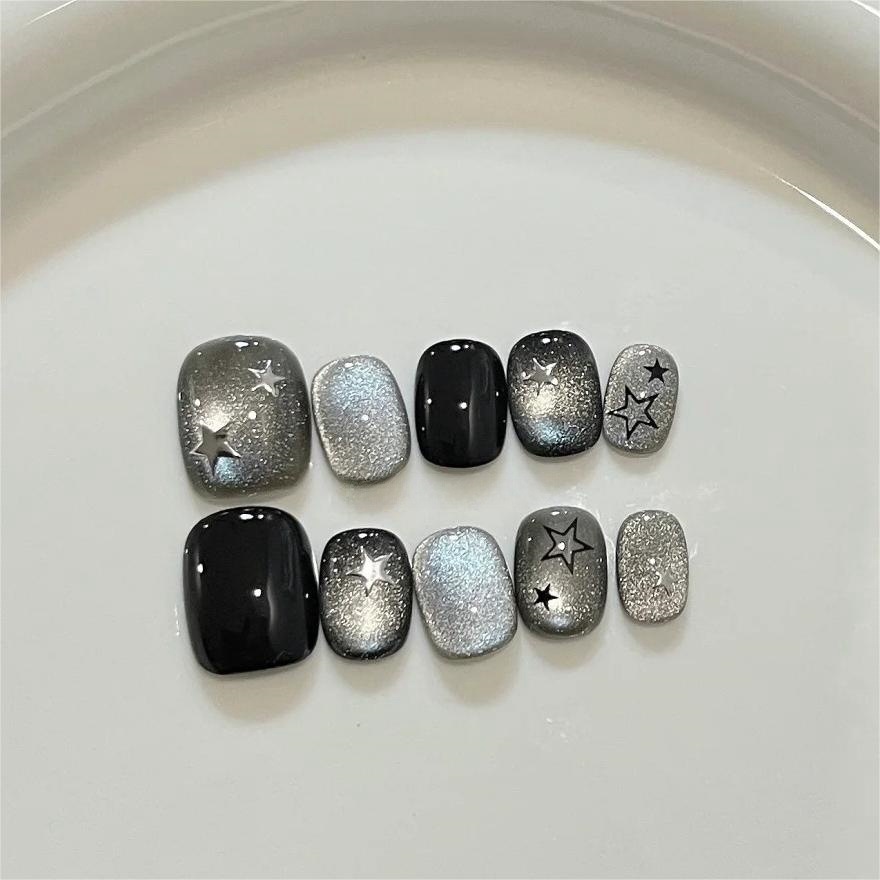 10 個黒かわいい猫手作りプレス爪クリスタルキャットアイ付け - Nail Art Pink のレビューと価格