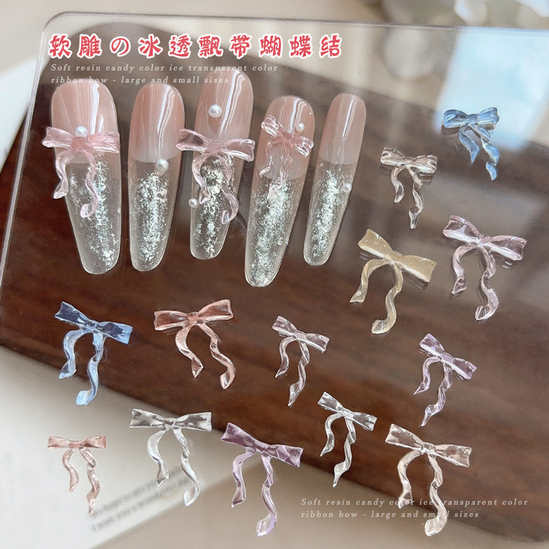 30 個妖精氷透明ピンクブルーロングテールリボン弓ソフト彫刻 - Nail Art Lotso のレビューと価格